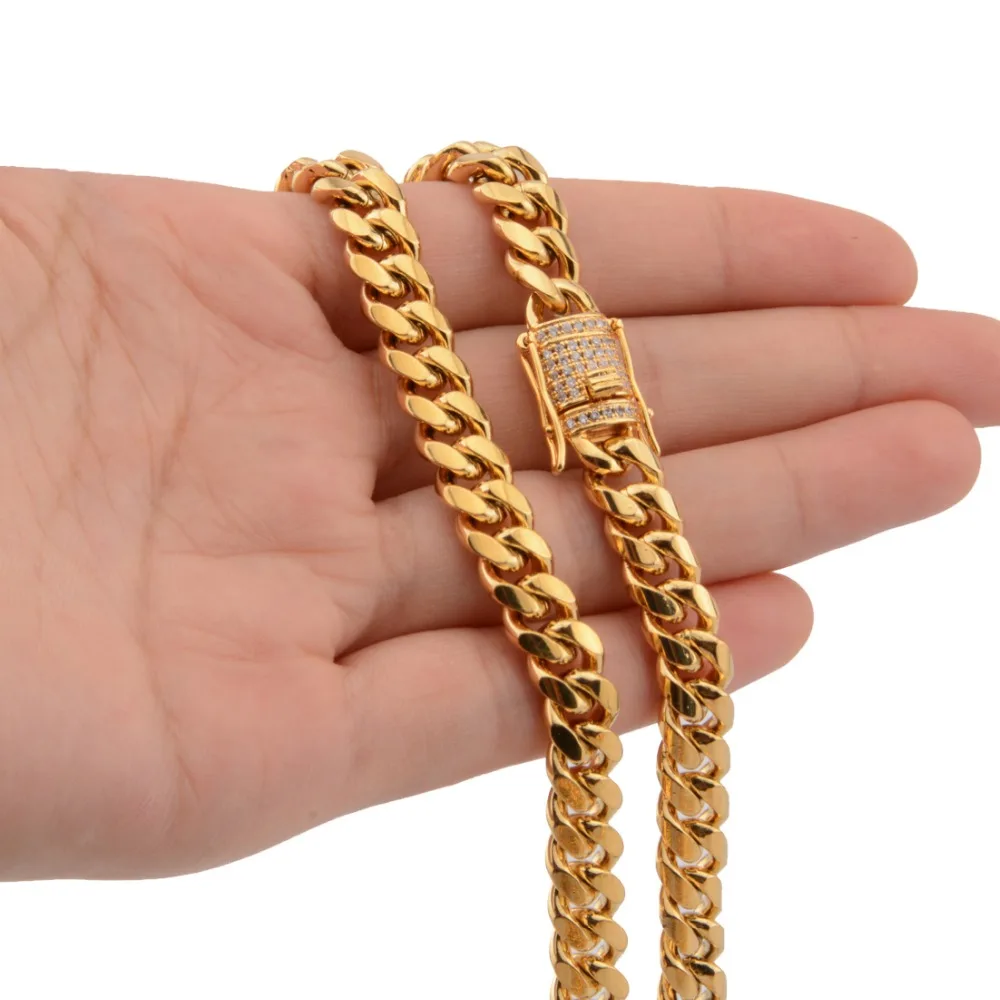 8mm Fashion Jewelry 316L Stainless Steel Gold Crystal Design Miami Cuban Chain Link Mens Women Necklace Or Bracelet Bangle 7-40