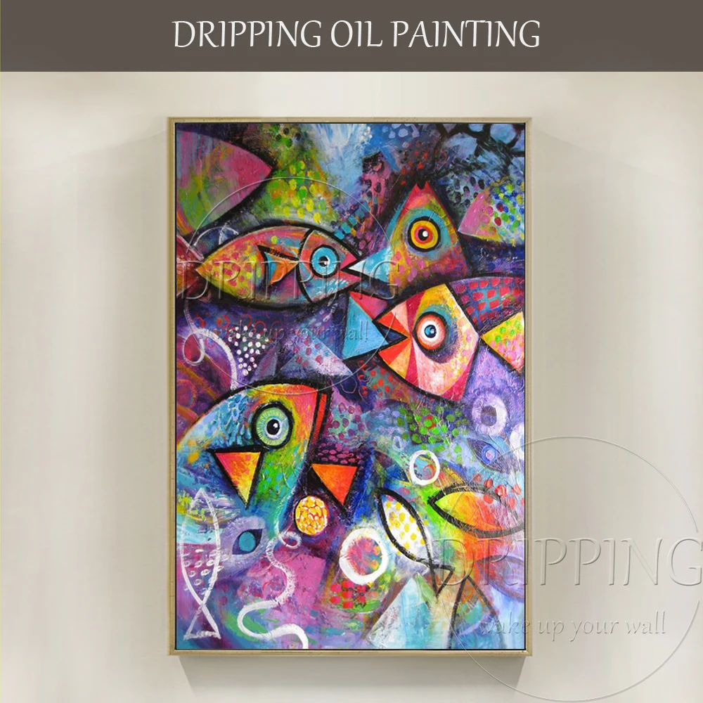 

Colorful Designed Hand-painted High Quality Fishes Oil Painting on Canvas Hand-painted A lots of Abstract Fish Oil Painting