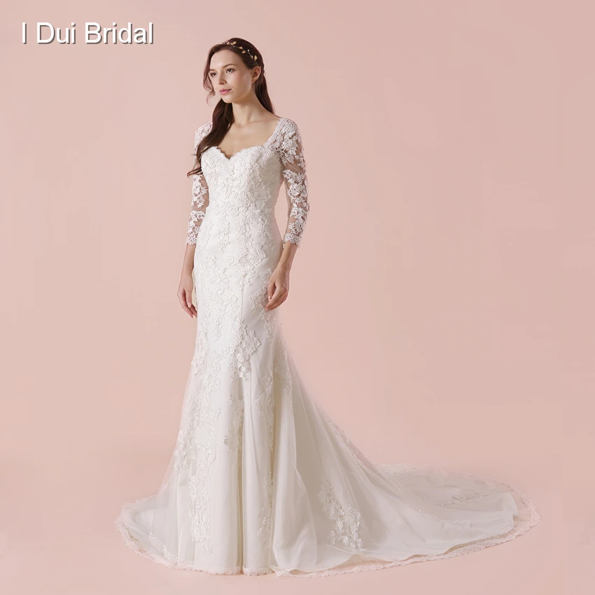 

Three Quarter Sleeve Wedding Dress With High Quality Lace Sheath Bridal Gown New Arrival