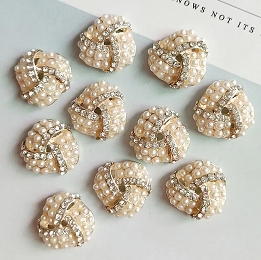 

20pcs 17*17mm Rhinestone Pearl Flower Buckle Button Bead For Kids Hair Ornament Scrapbooking Bride Headwear Accessory