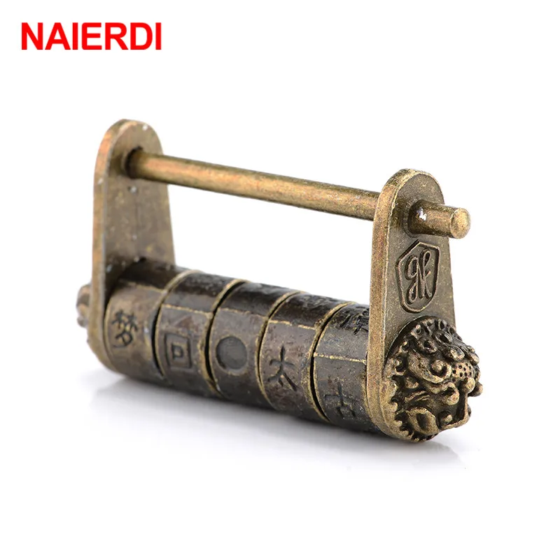 NAIERDI Zinc Alloy Chinese Vintage Antique Bronze Keyed Padlock Retro Combination Password Lock Jewelry Box Padlock 50*28mm
