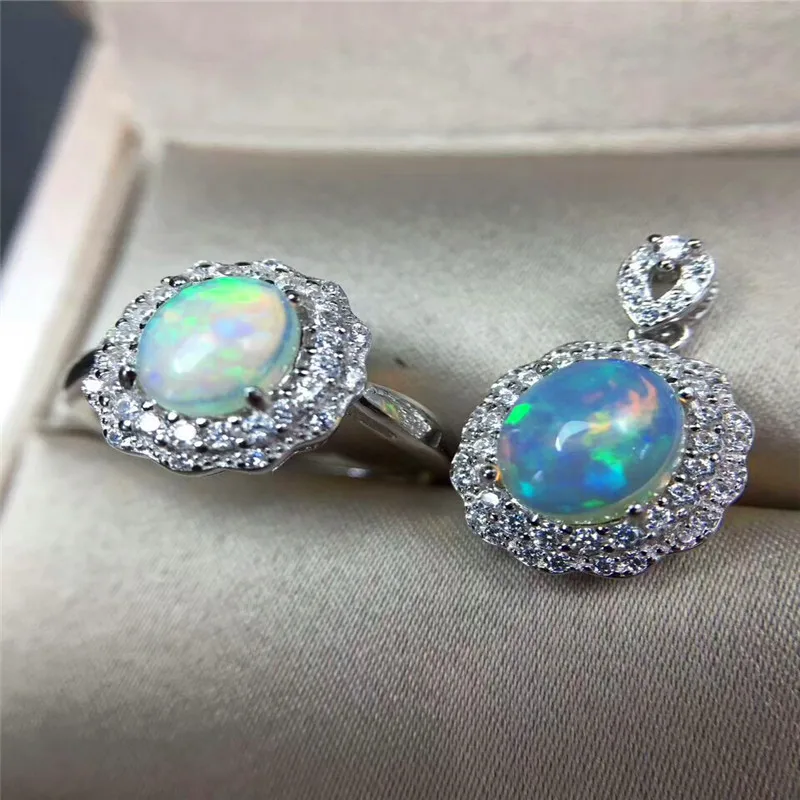 Dazzling natural opal jewelry set 7*9mm natural Australian opal gemstone silver jewelry set solid 925 silver opal jewelry set