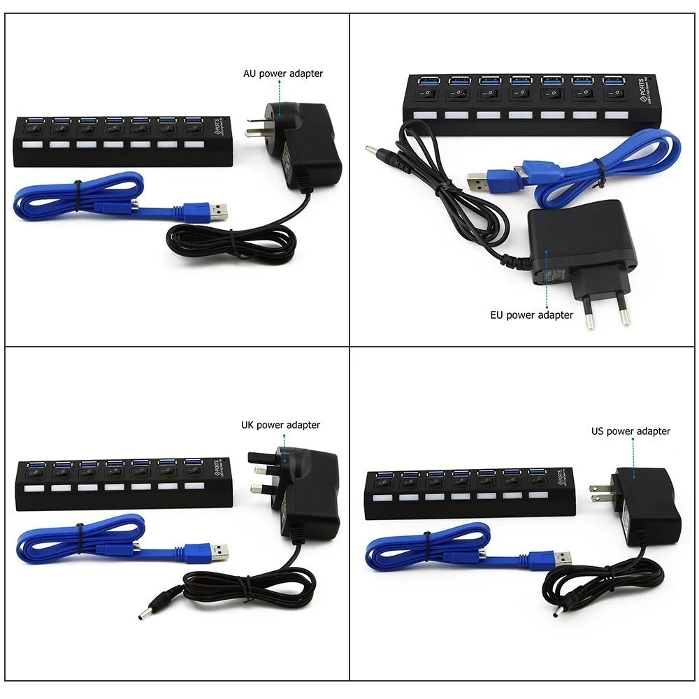 Usb 3.0 Hub 7 منافذ متعددة في واحد كومبو مايكرو Usb3.0 Hab الفاصل مع الاتحاد الأفريقي/الاتحاد الأوروبي/الولايات المتحدة/المملكة المتحدة محول الطاقة LED مؤشر الملحقات للكمبيوتر