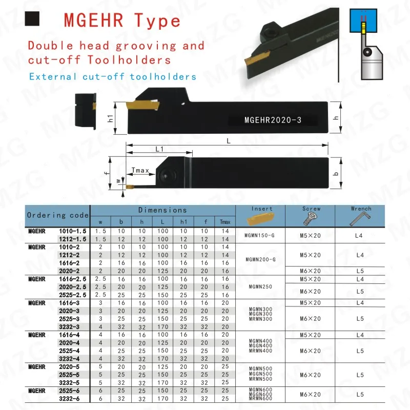 Porte-outil rainuré pour insert en carbure, MZG MGEHR 1010, MGEHR1212, MGEHR1616, MGEHR2020, MGEHR2525, MGEHR3232, MGMN200, MGMN300, MGMN400