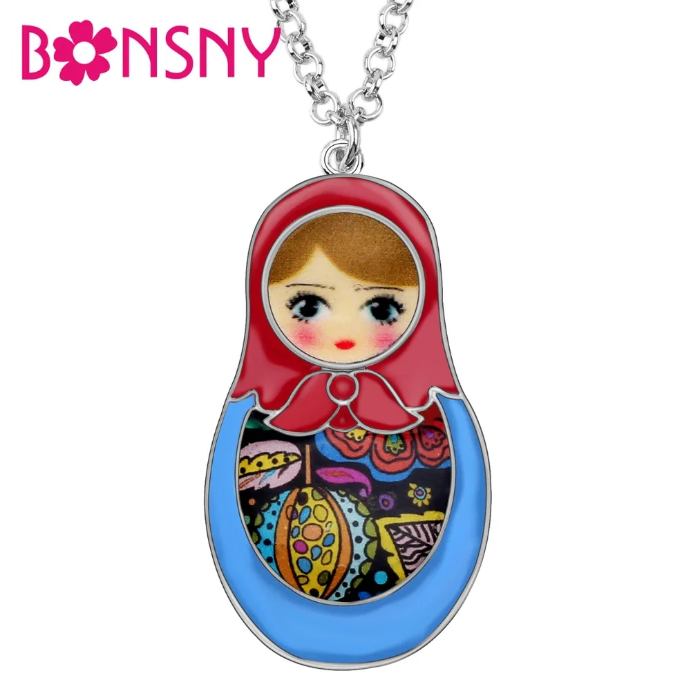 

Bonsny Enamel Alloy Matryoshka Russian Dolls Necklace Pendant Collar Cartoon Toy Jewelry For Women Girls Teens Gift Accessories