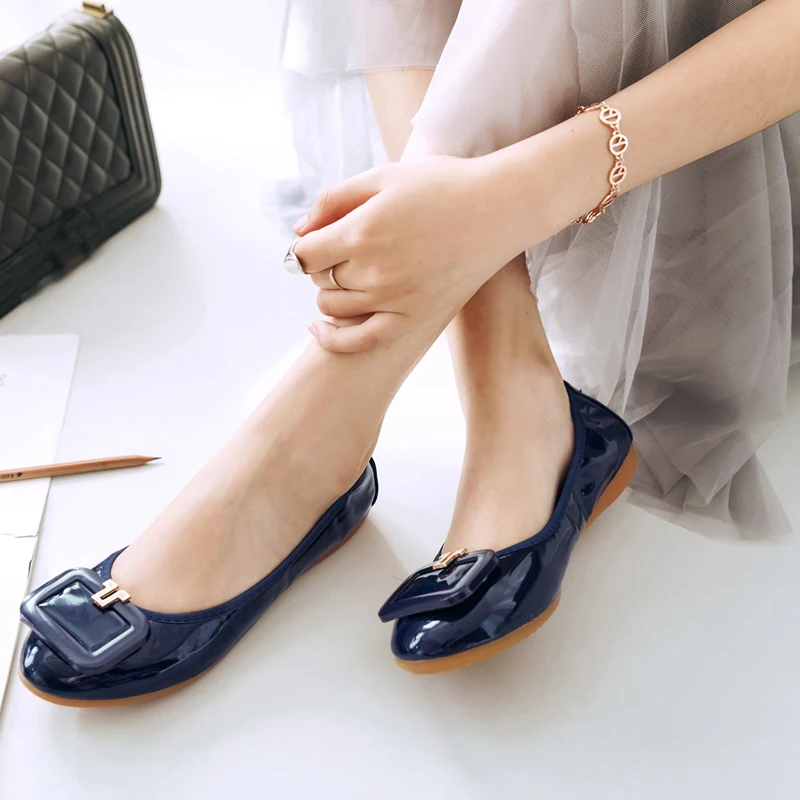 Plus Size 34-43 Women Shoes Foldable Ballet Flats Patent PU Leather Spring Summer Ladies Flat Shoes Fashion Loafers Shoes Woman