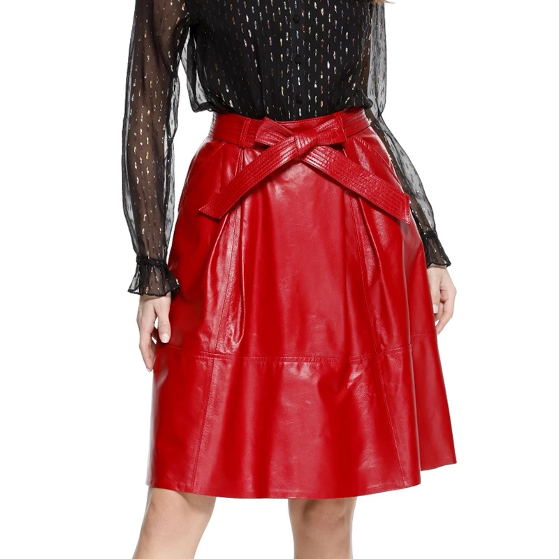 2023 Winter Female Genuie Leather Midi Skirt Lady Street Saia Bow Belt Retro Vase Big Red/Blue Faldas Girls Pleated Jupe Faldas