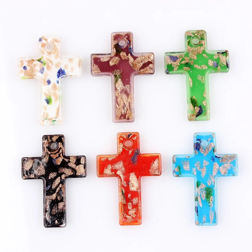 QianBei Wholesale 6pcs Handmade Murano Lampwork Glass Cross Pendant For Necklace P0067