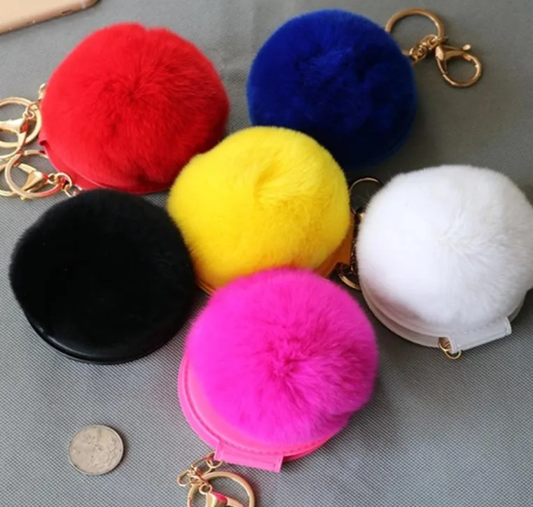 

8CM Genuine rex Rabbit fur ball Pompon Charm Trinket Rabbit Fur Ball Plush Keychain montre femme Make Up Mirror Car Key Ring