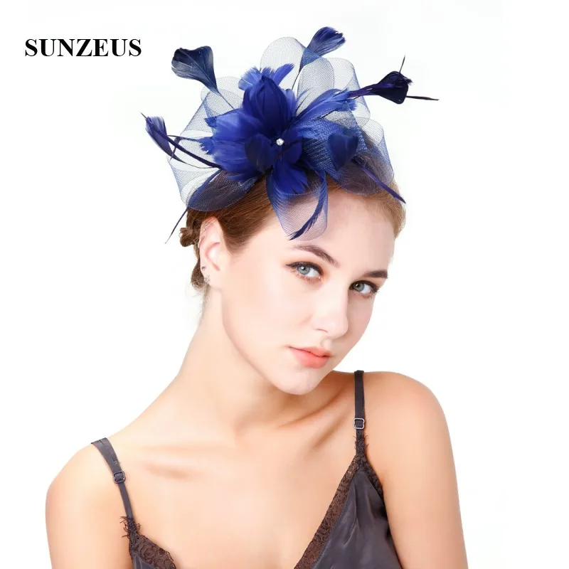 Blue Feathers Hats for Women Tulle Flower Sharp Ivory Bridal Hats Wedding Hair Accessories sombrero mujer boda SH46