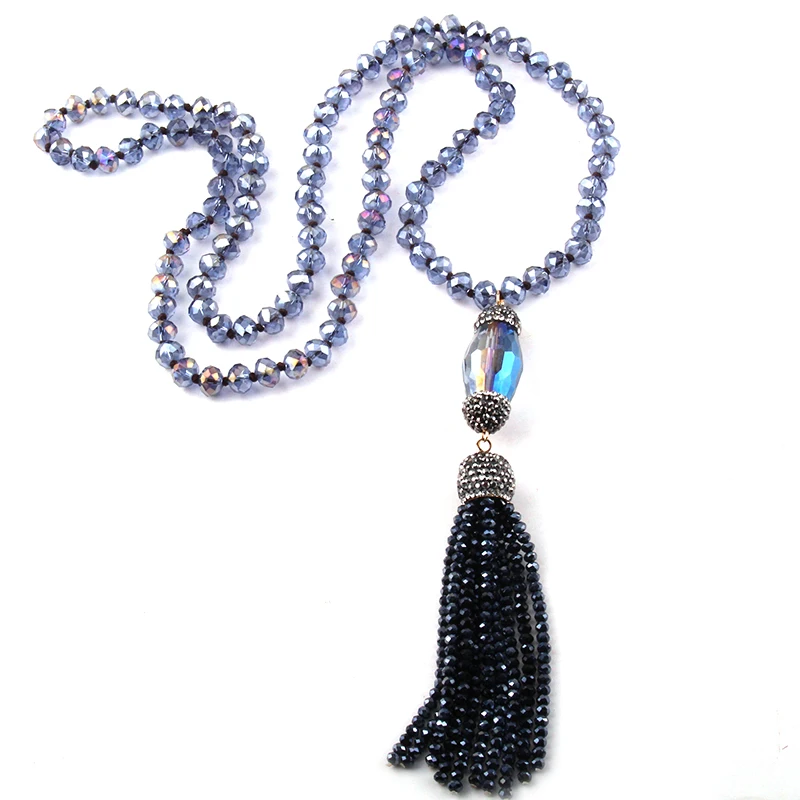 Fashion Bohemian Jewelry Crystal Glass Knotted Handmake Paved Crystal Tubes Tassel Long Necklace