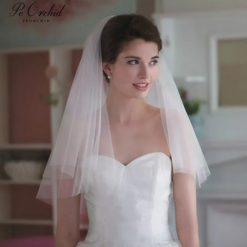 PEORCHID-Voile de Mariage Court à Deux Couches avec Peigne, Dodatki Weselne, Bord Découpé, Tulle Doux Élégant, Blanc/Ivoire, pour Patients