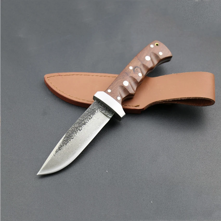 Wholesale 62HRC Hardness Forged Damascus Steel Pattern Fixed Blade Straight Knife Outdoor Self-defense Hunting Knives Tactical