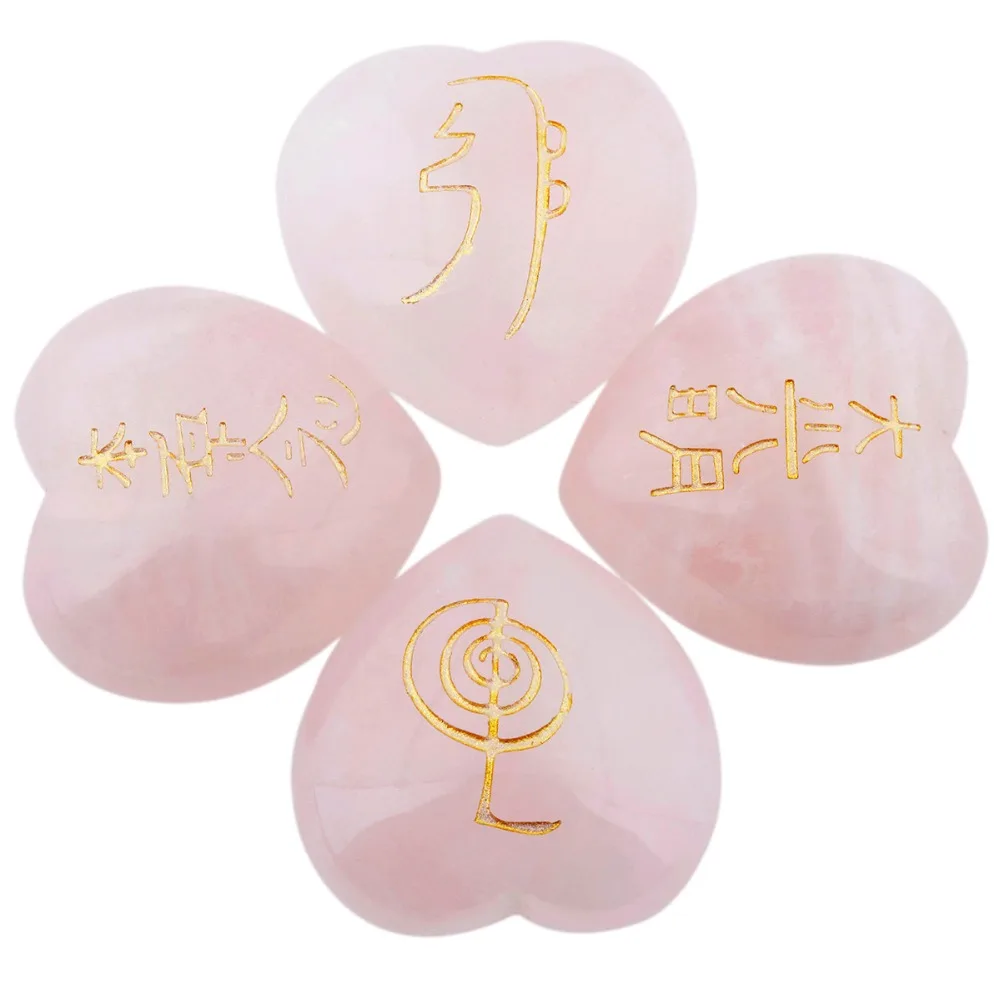 

TUMBEELLUWA 4Pc/Set Natural Rose Quartz Puffy Heart Engraved Usui Symbols Palm Stone Worry Stones Healing Reiki Chakra