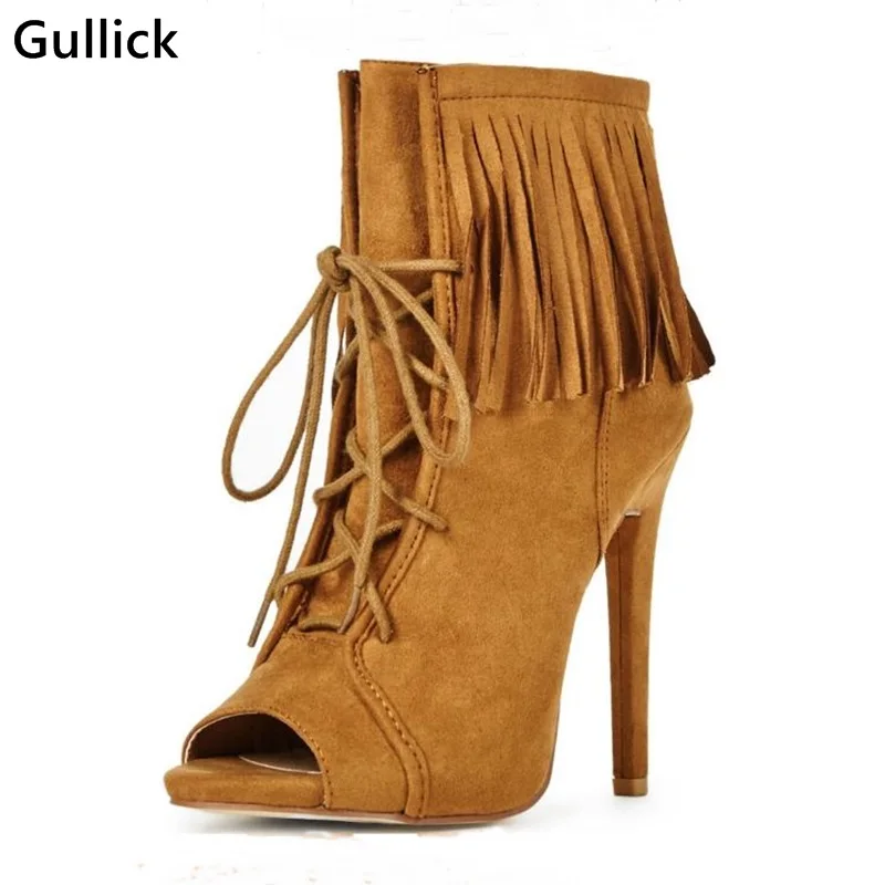 

2018 Newest Fashion Fringe Lace Up Stiletto Booties Sexy Brown Suede Ankle Boots Ankle Tassels Strap Peep Toe Woman Short