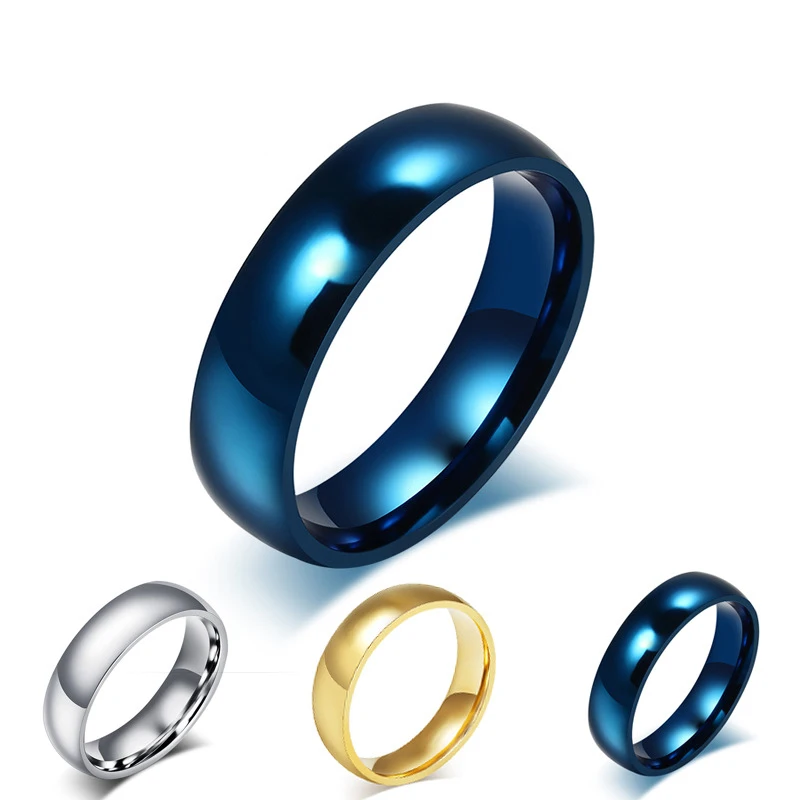 Alisouy 1pc Promotion Classic Wedding Rings For Men Women Blue Gold Color Stainless Steel Metal 6mm Size 4-15