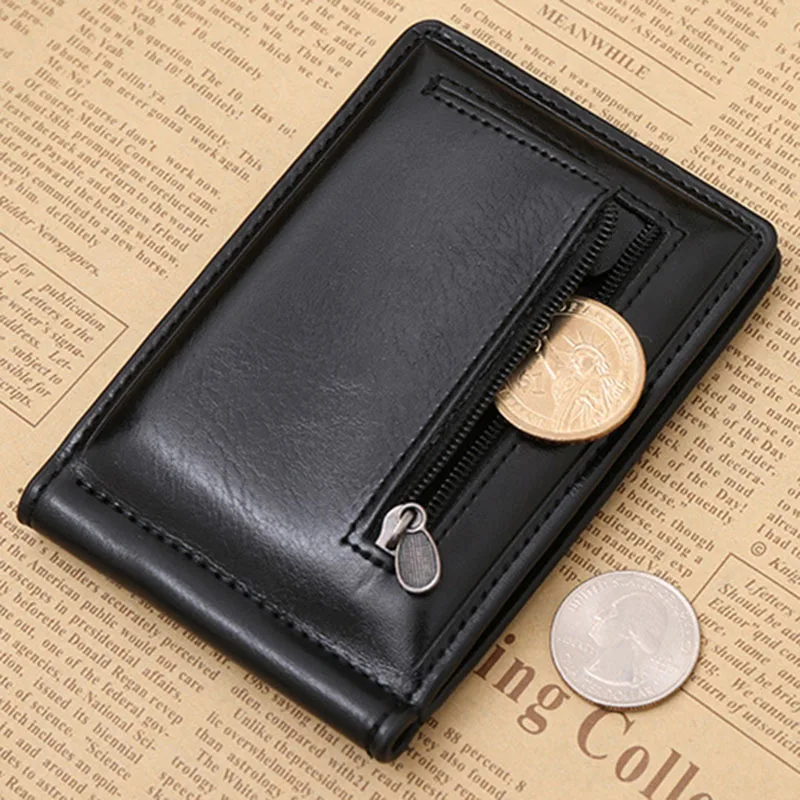Hot Sale Men\'s Leather Money Clip Wallet With Coin Pocket Zipper Bag For Man Portable Magnet Hasp Purse Credit Card Cash Holder