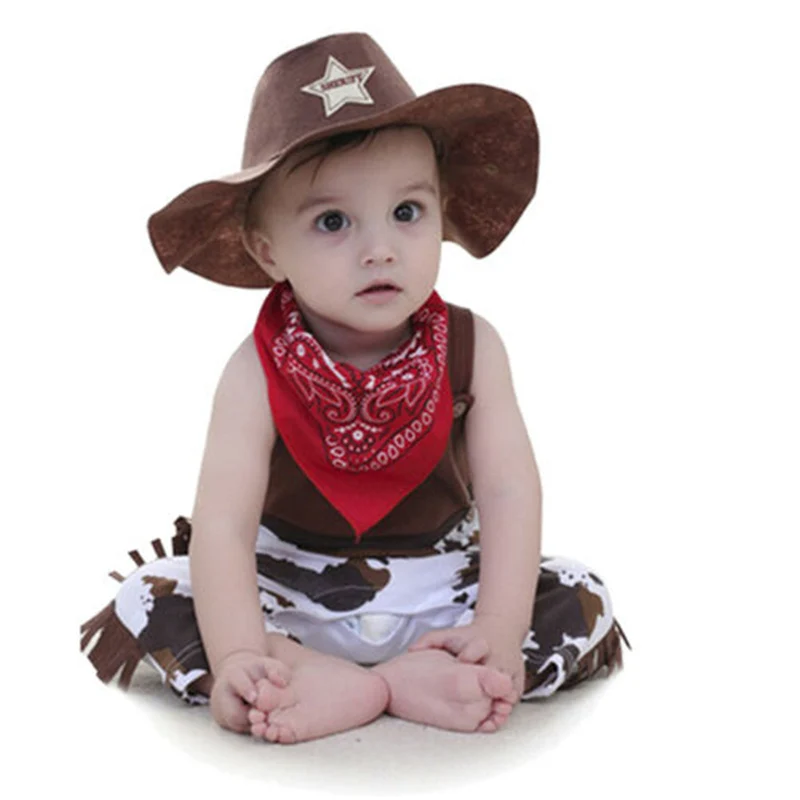 Deguisement Costume de Cowboy avec Bandana, Gilet et Chapeau pour Bebe Enfant Garçons, Brun Bébé Garçons Cowboy Barboteuse Carnaval Tenues Western Combinaison Vêtements Ensemble Marron Carnaval