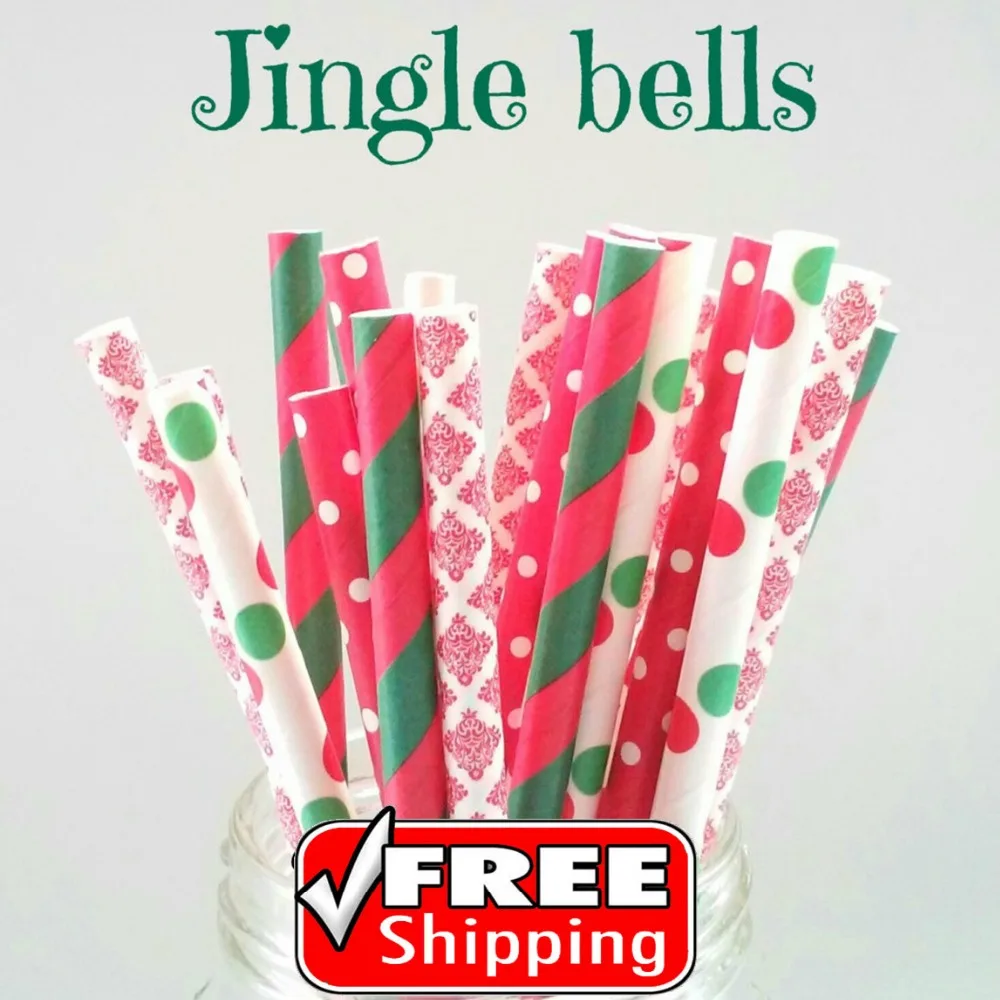 200 Pcs Mixed 4 Designs Jingle Bells Themed Paper Straws-Green and Red-Striped,Dot,Damask Christmas Party Retro Drinking Straws