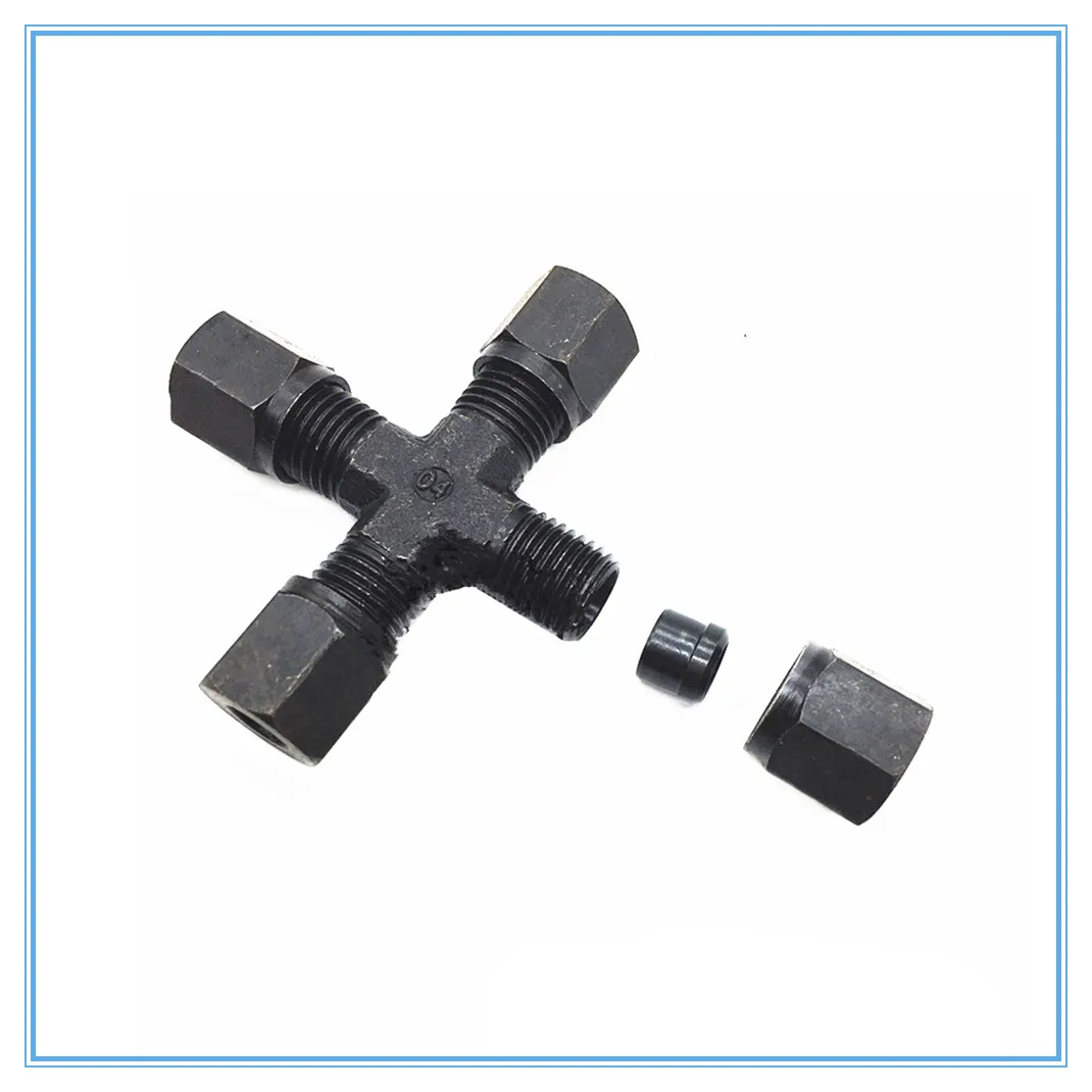 Hydraulic iron joint fluid joint pipe joint 10mm card sleeve type end four - way  Pipe Fitting