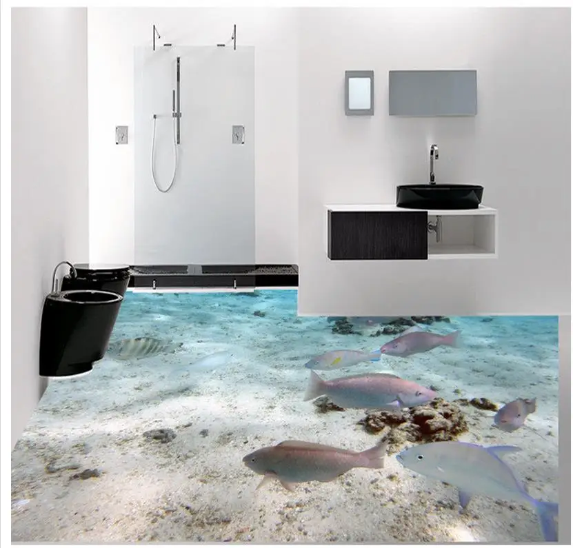 3d bathroom wallpaper waterproof Underwater world bathroom 3D floor pvc wallpaper 3d Home Decoration