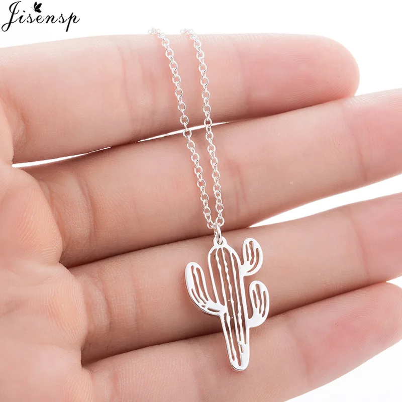 Jisensp Minimalist Desert Prickly Cactus Necklaces & Pendants Women Plant Jewelry Long Chain Choker Saguaro Party Gifts Bijoux