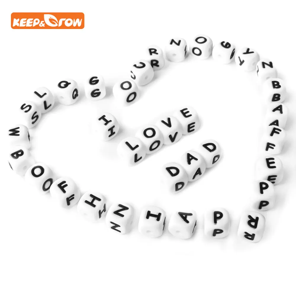 Keep&grow 10Pcs Silicone Letter Beads Baby Teether Bead For Any Name Pacifier Chain 12MM Alphabet Beads Necklace Teething Toys