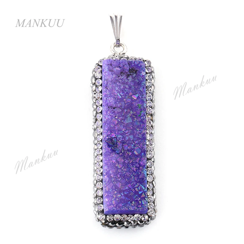 

ManKuu Natural Quarz Pendant Rhinestone Wrap Rectangle Shape Druzy Stone Pendants For Necklace Mix Color Pendant For Men Women