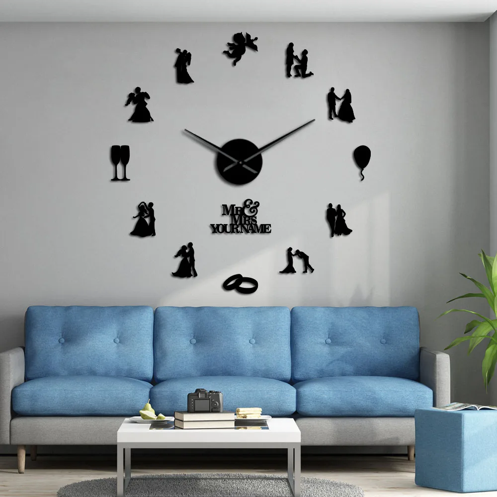 Lovers Couple Engaged Custom Wedding Party Wall Home Decor Large Wall Time Clock Personalised Mute Giant Watch Valentine's Gift