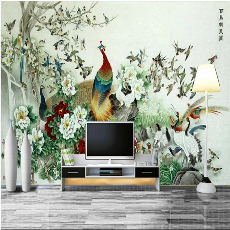 

wellyu Hundred birds toward the phoenix figure strokes Chinese TV sofa background wall custom large mural green wallpaper