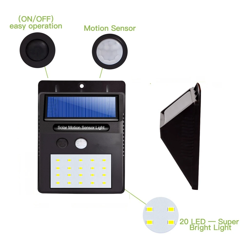 

LED Solar Power PIR Motion Sensor Wall Light 20 LED Outdoor Waterproof Energy Saving Street Yard Path Home Garden Security Lamp