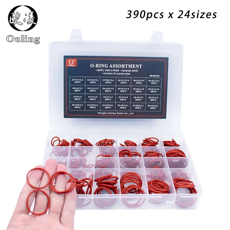 

390pcs Red Silicon O-Rings Rubber Seal 24Sizes Washer Gasket O Ring O-ring Silicone Sealing Assortment Set Box Kit Ring