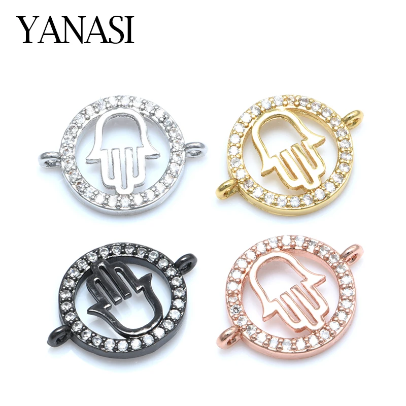 18*14mm Round  Hamsa Hand Cubic Zirconia Connectors Charms DIY Jewelry Findings Accessories for Bracelet Making