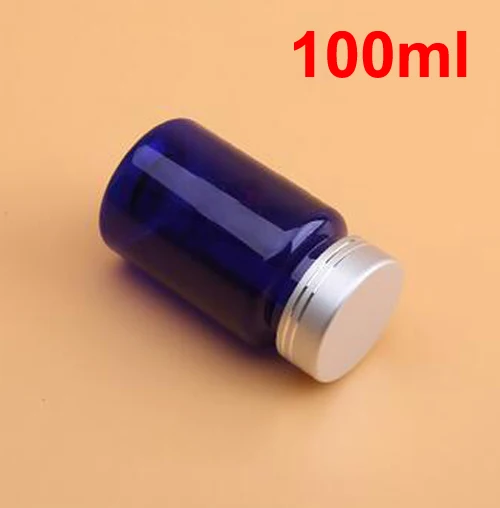 (100pcs/lot) 100cc Translucent Blue Color Plastic PET Bottle, Medicine Bottle--Screw Gold Cap With Pressure Sensitive Pads 100ML