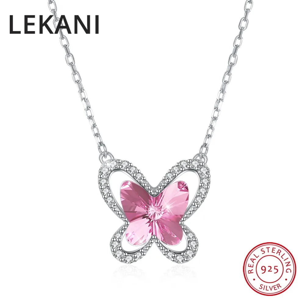 LEKANI Crystals From Austria Cute Butterfly Pendants Necklaces For Women Girls Fine Jewelry Real S925 Silver Chain Collares