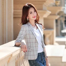 Vintage Plaid Women Blazer Jacket Notched Collar Single Button Female Suit Coat Outerwear blaser femme Summer Thin Small Blazers