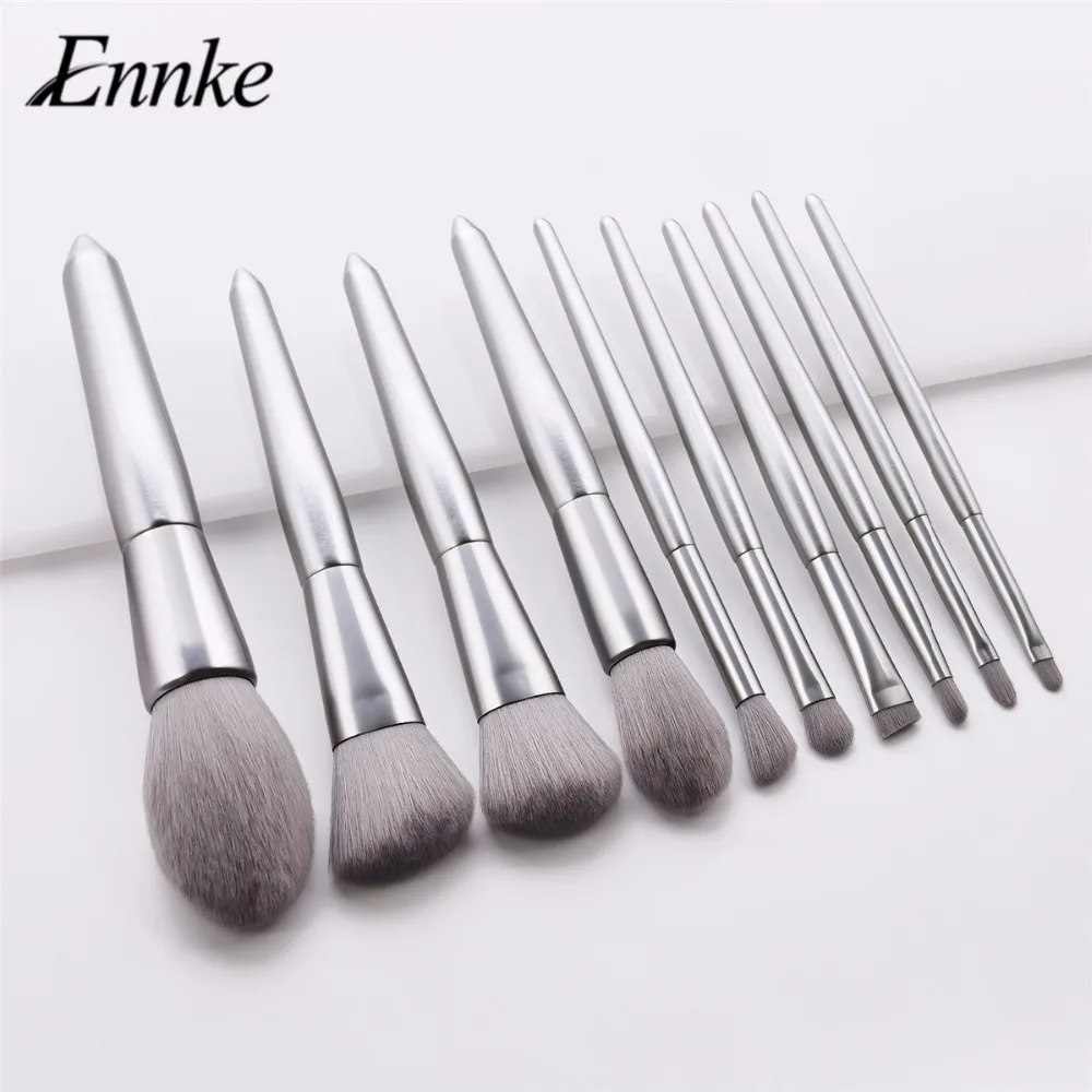 ENNKE 10 Pcs/Set Makeup Brushes Set High Quality Classic Silver Wood Handle Eyeshadow Big Flame Blusher Micro Brushes Set