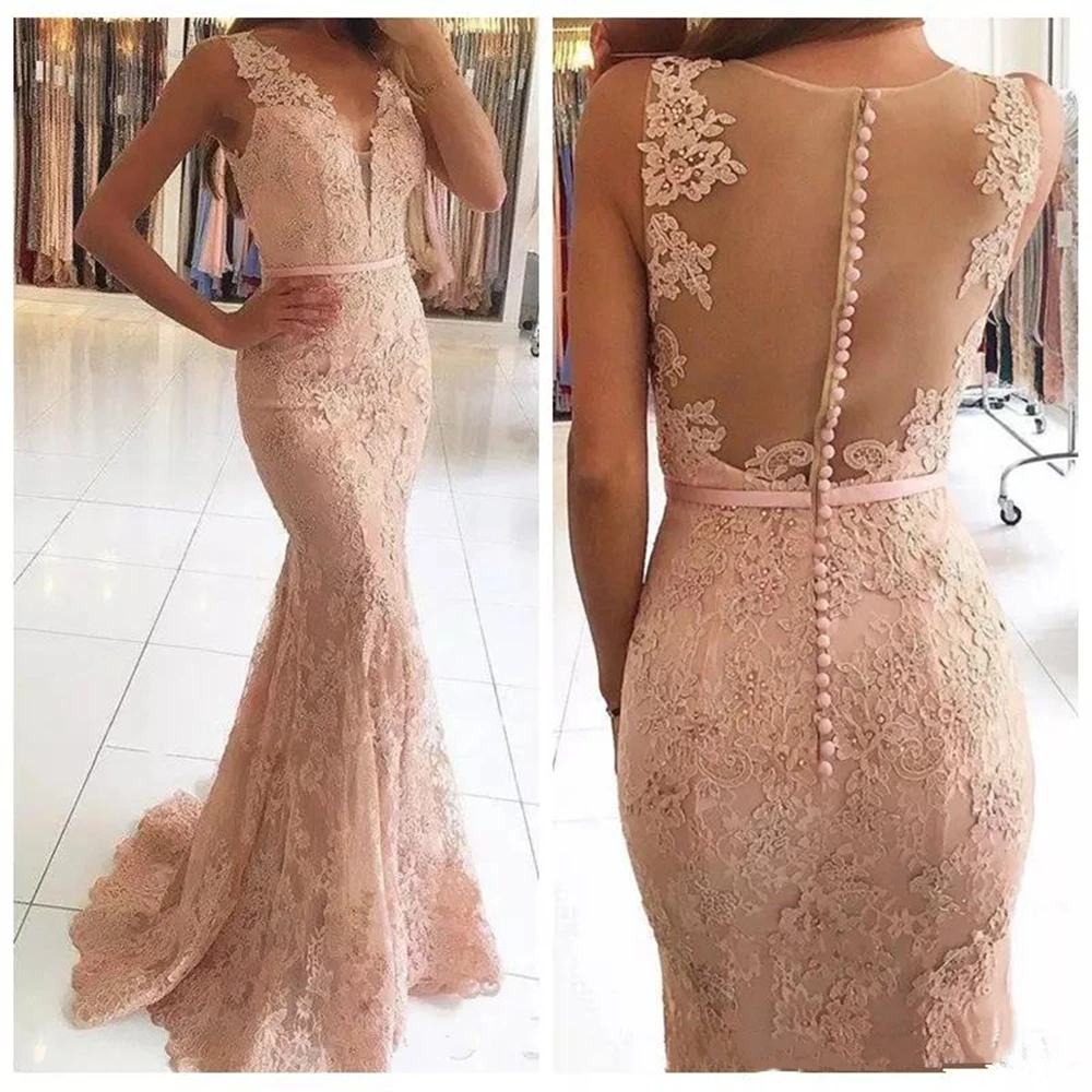 Sheer Lace Appliques Mermaid Prom Dresses 2021 Modest Beading Sequins Long Formal Women Evening Party Gowns Special Occasion