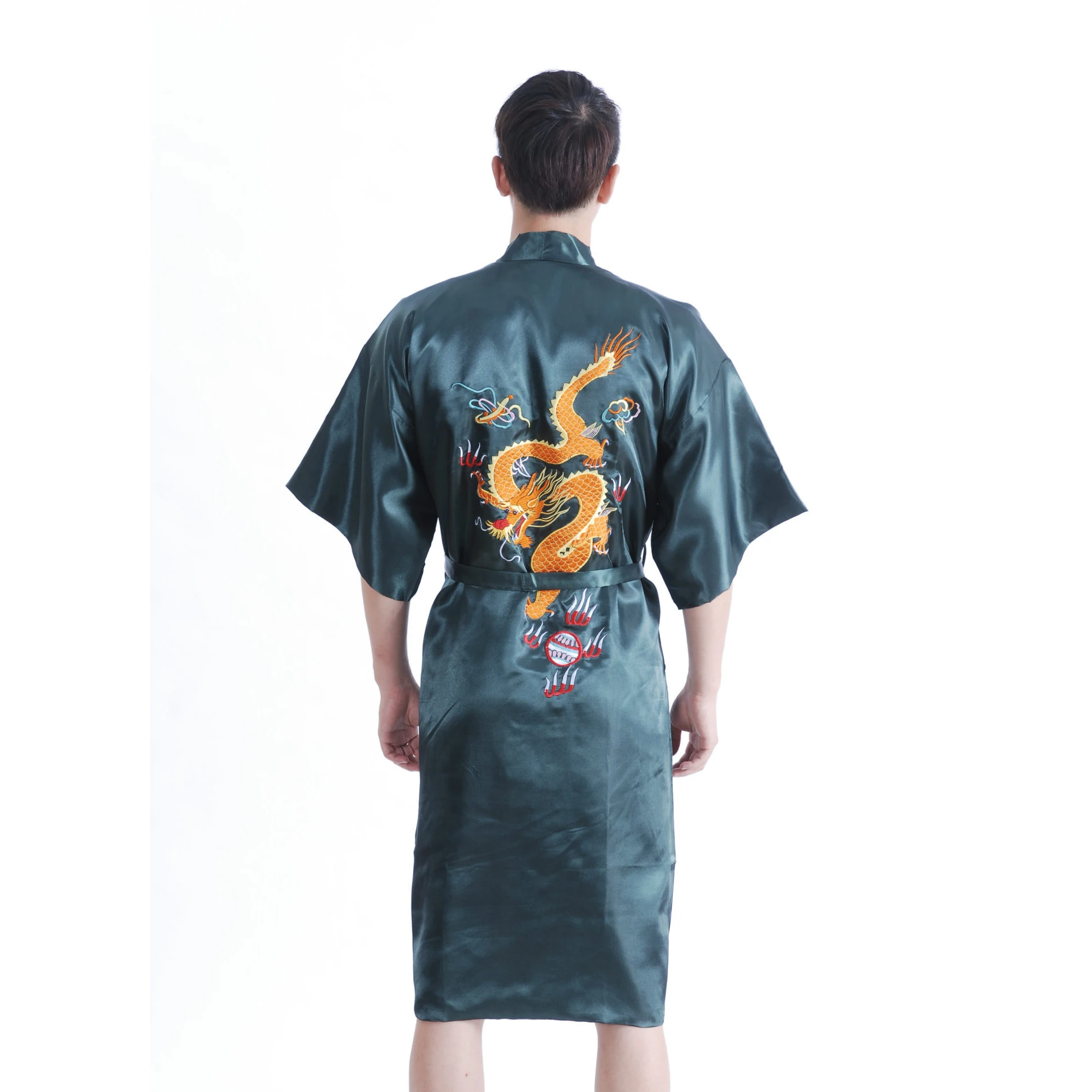 Chinese Style Embroider Dragon Bathrobe Men\'s Silk Satin Dressing Gown Robe Male Sleepwear With Belt S M L XL XXL XXXL