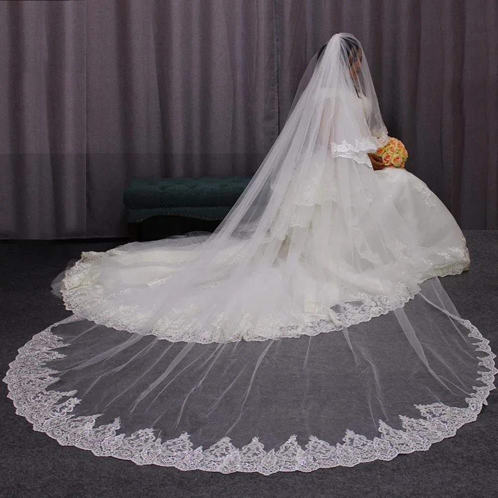 Customized High Quality 2 Layers Long Wedding Veil 3m/4m/5m Sequins Lace Cover Face White/Ivory Bridal Veil Wedding Accessories