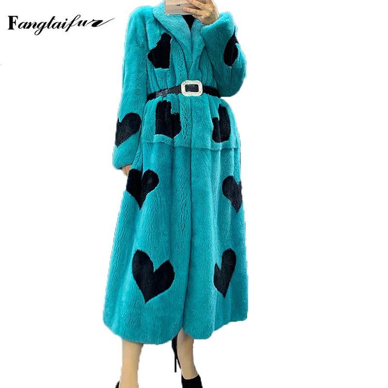 

Fang Tai Fur Women Import Velvet Mink Fur Coat Turn-Down Collar Print Heart Mink Coats Women's X-Long Real Mink Fur Coats