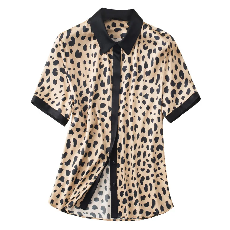 Camisas estampadas pesadas de leopardo e seda femininas, camisetas soltas para mulheres, 2019, 16mm, 95%, spandex, com bolso para porta oculta, verão, nova, 5%