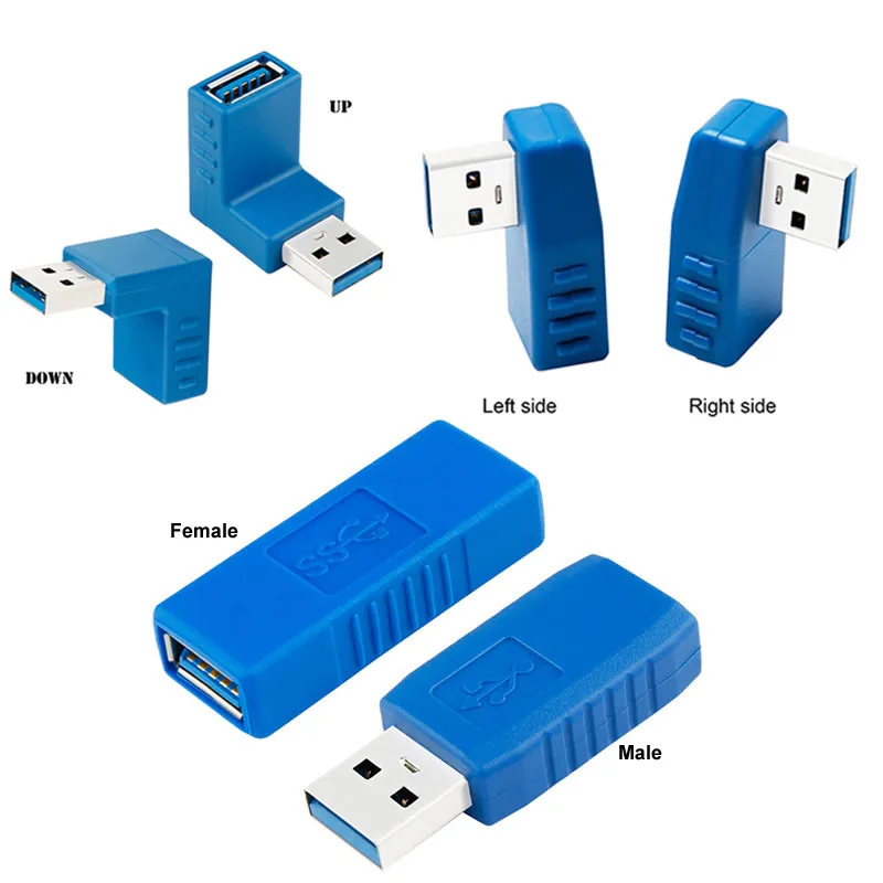 Blue 90 Degree Vertical Left Right Up Down Angled USB 3.0 Male to A Female M/F Adapter Connector Converter