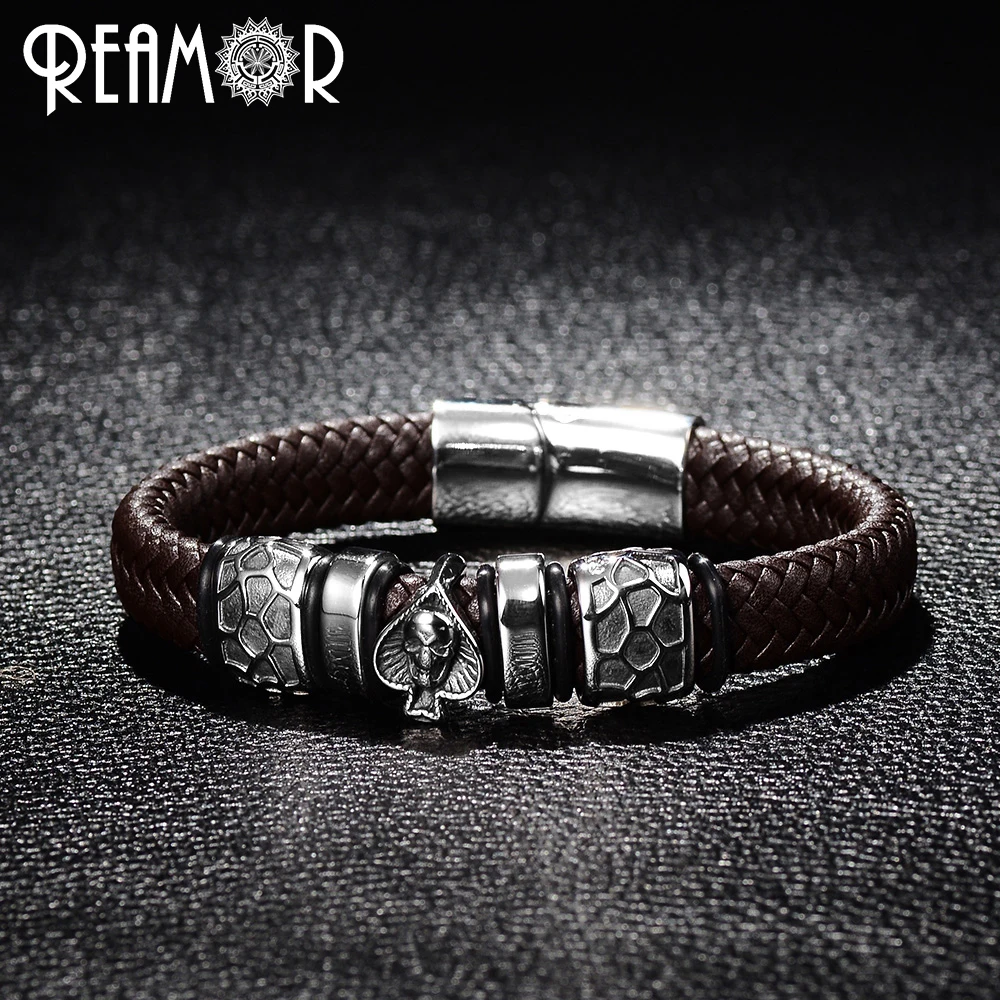 

REAMOR Punk Style Bangle 316L Stainless Steel Spades Skull Head Charms Trendy Male Bracelet Black Wide Braided Leather Bracelets