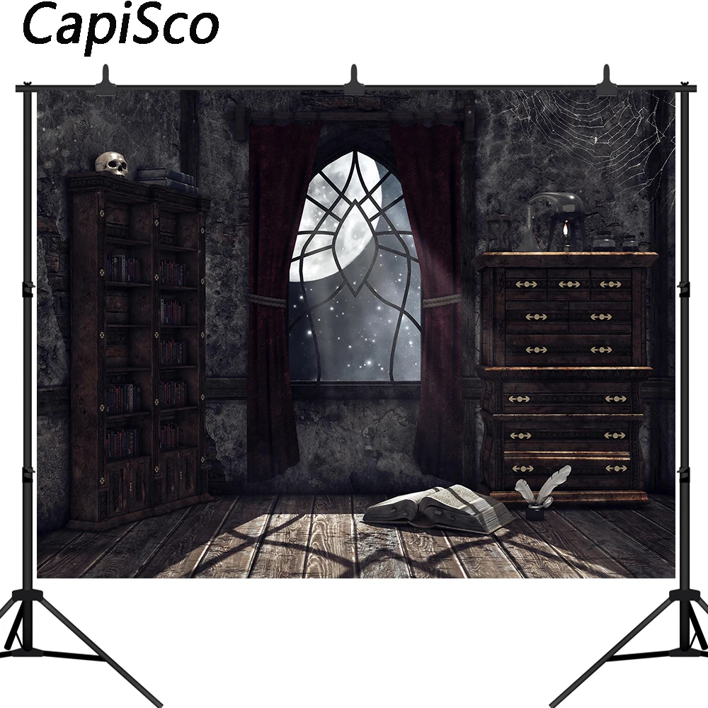 

Capisco Old Bookshelf Photography Backdrop Halloween Haunted House Spider Web Photo Background Decoration Photographic Props