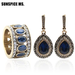 Sunspicems Turkish Women Vintage Dangle Earring Ring Sets Antique Gold Color Ethnic Banquet Caftan Jewelry Gift