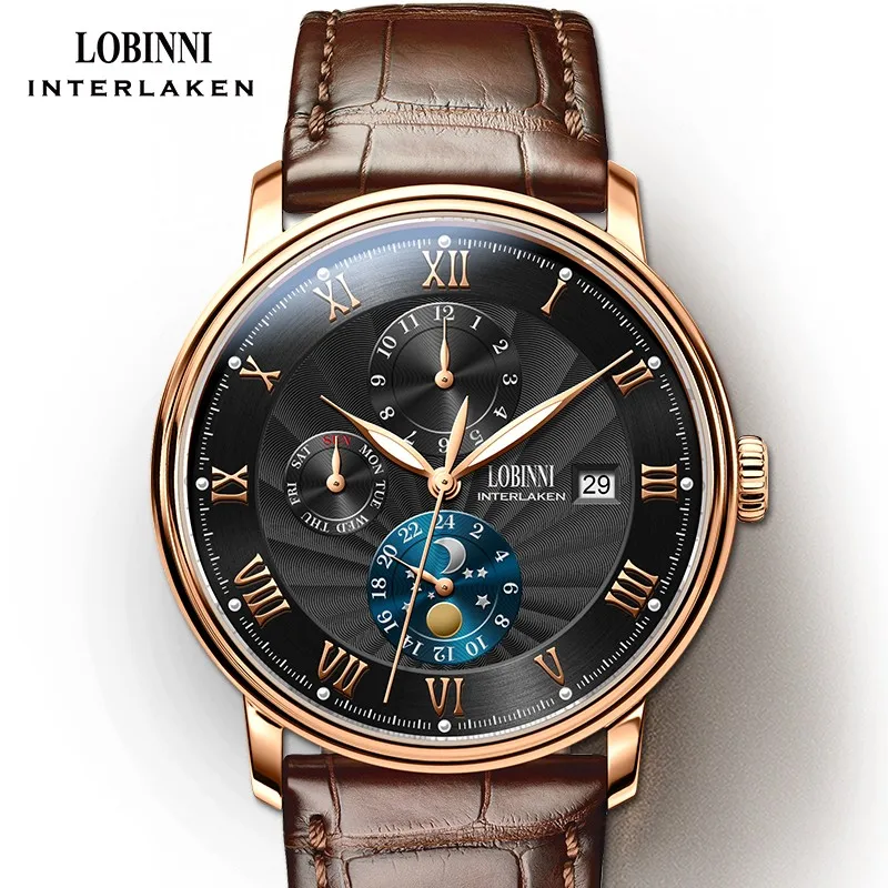 Nuovo LOBINNI Svizzera Orologi da uomo Luxury Brand Seagull ST16 Orologio meccanico automatico Zaffiro Fasi lunari Impermeabile L1023B-5