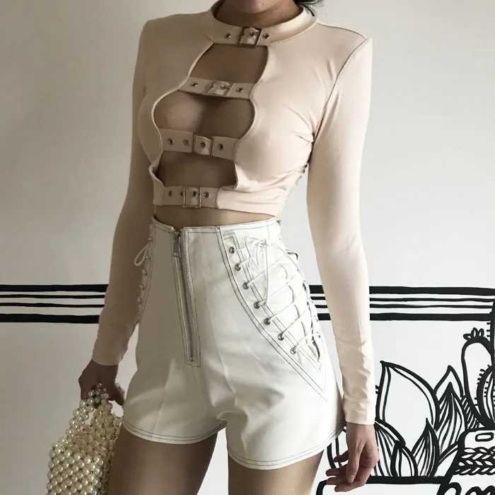 sexy choker long sleeve rivet crop tops women hollow out buckle casual t shirt female plus size s-3xl short tight tee T-shirt