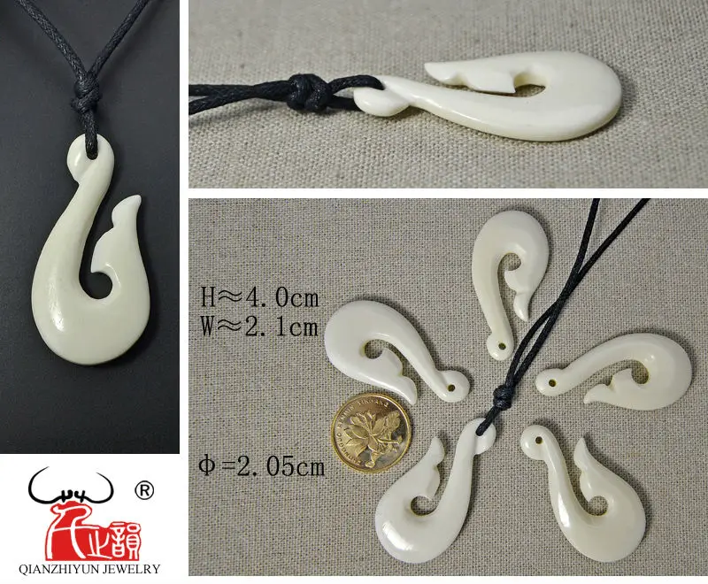 3PCS Handmade Carved Yak Bone FISHHOOK Pendant Hawaii sport of surfing Style Bone white Beads DIY Jewelry Accessory 40mmX21mm