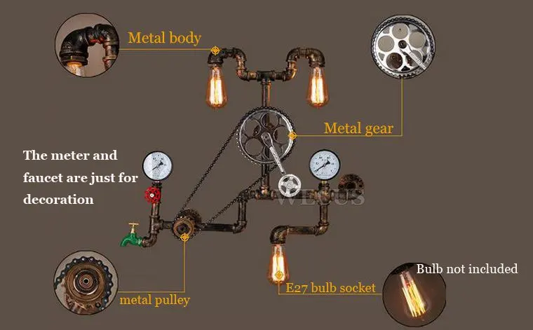 Puhui Retro industriële waterleiding-wandlamp binnenshuis, vintage waterleiding-wandlamp, industriële decoratie loftstijl, verlichting voor bar, café, trappenhuis, keuken, restaurant, hal, E27 fitting Puhui Retro industriële waterleiding-wandlamp binnenshuis, vintage waterleiding-wandlamp, industriële decoratie loftstijl, verlichting voor bar, café, trappenhuis, keuken, restaurant, hal, E27 fitting